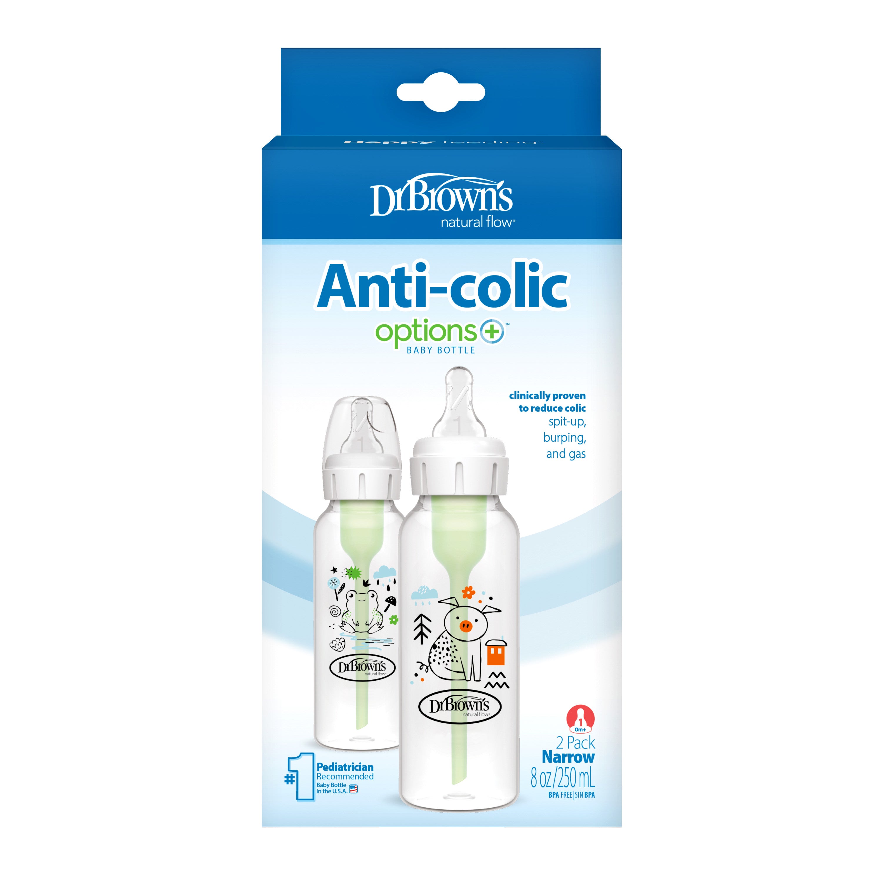 Dr Brown's 250ml Narrow Anti-colic Options+ Baby Bottle, Pig/Frog, 2-Pack