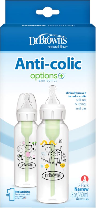 Dr Brown's Options+ Anti Colic Bottle Narrow Neck with Level 1 Teat, 250ml 2 pack Squirrel/Goat