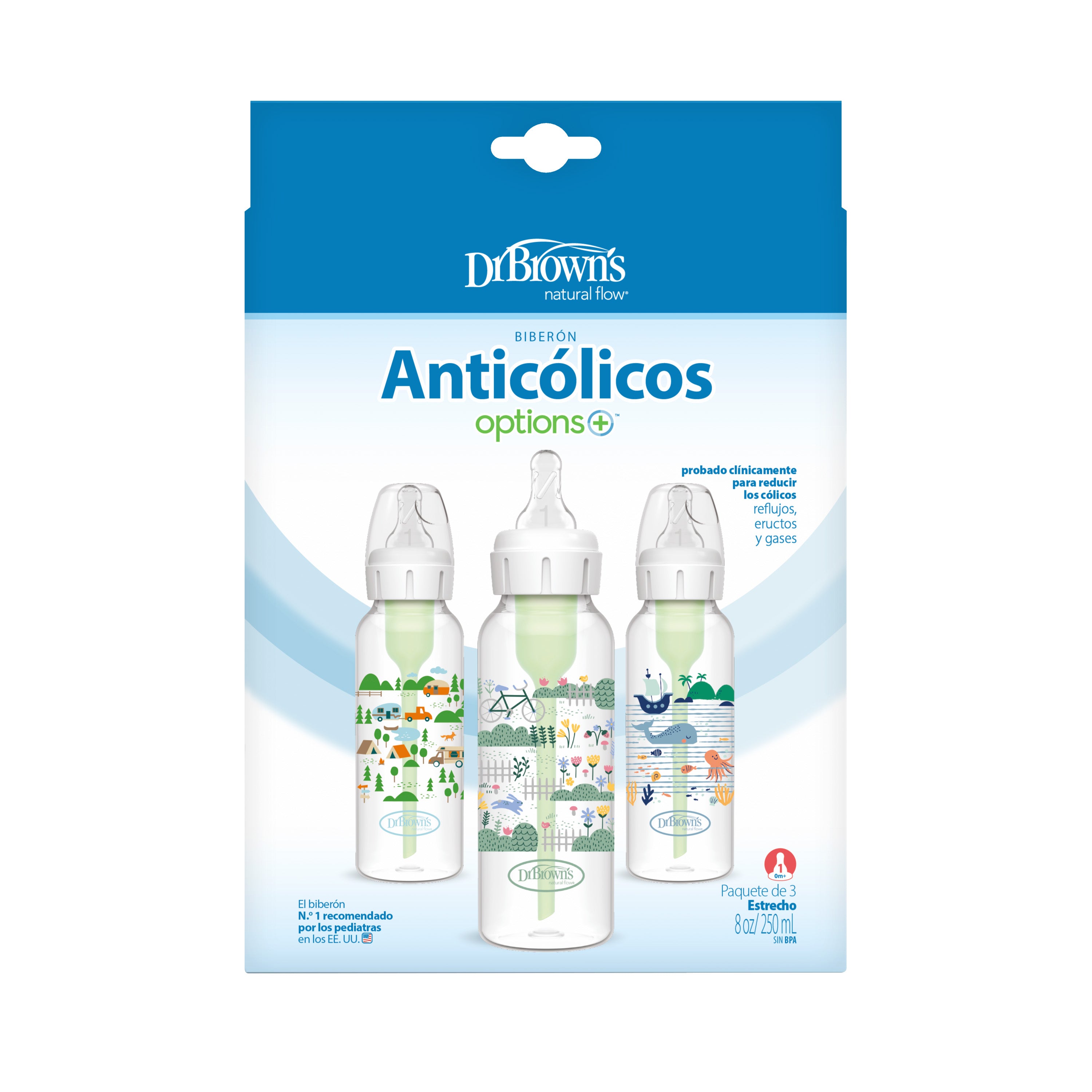 250ml Narrow Anti-Colic Options+ Baby Bottle, Landscape Designs, 3-Pack
