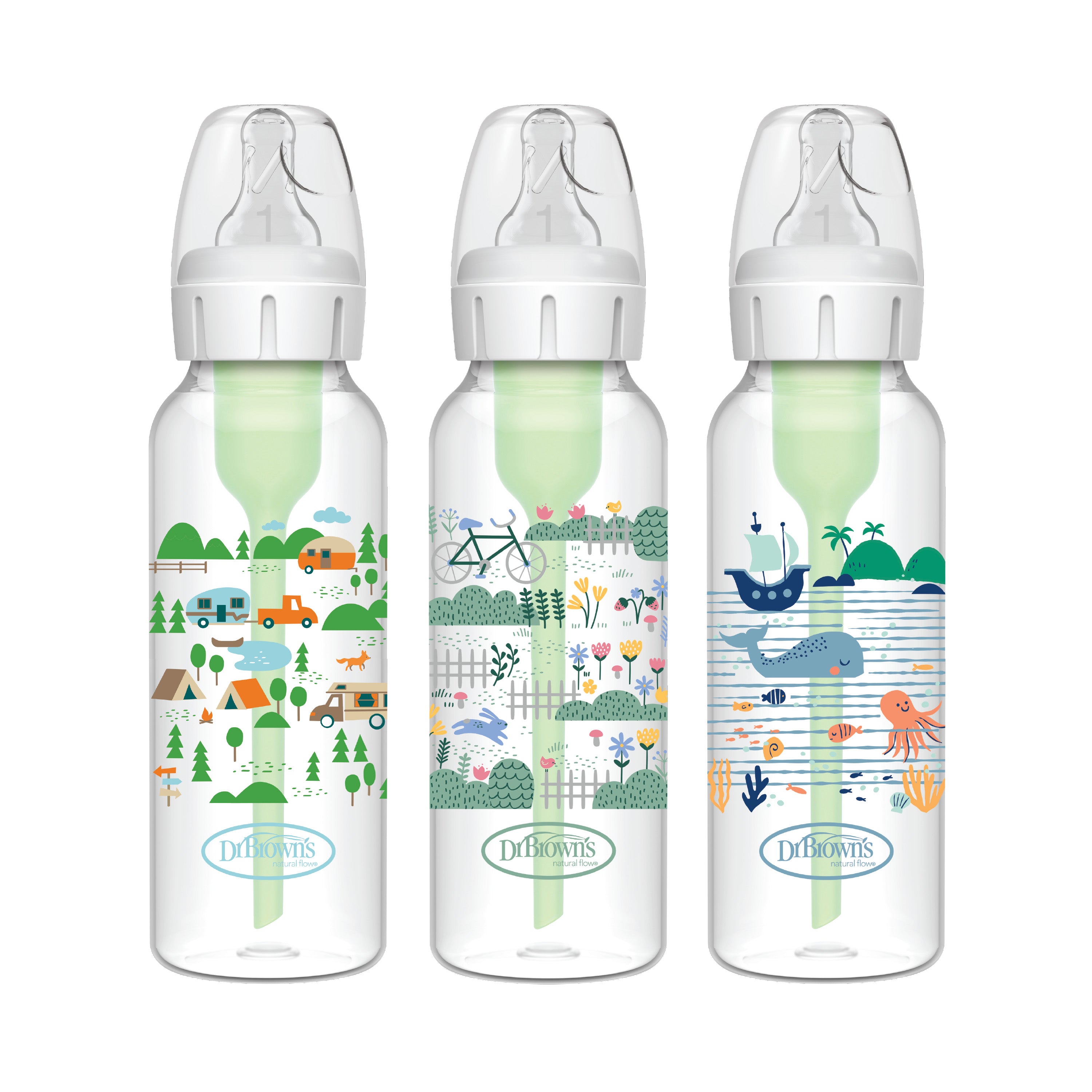250ml Narrow Anti-Colic Options+ Baby Bottle, Landscape Designs, 3-Pack