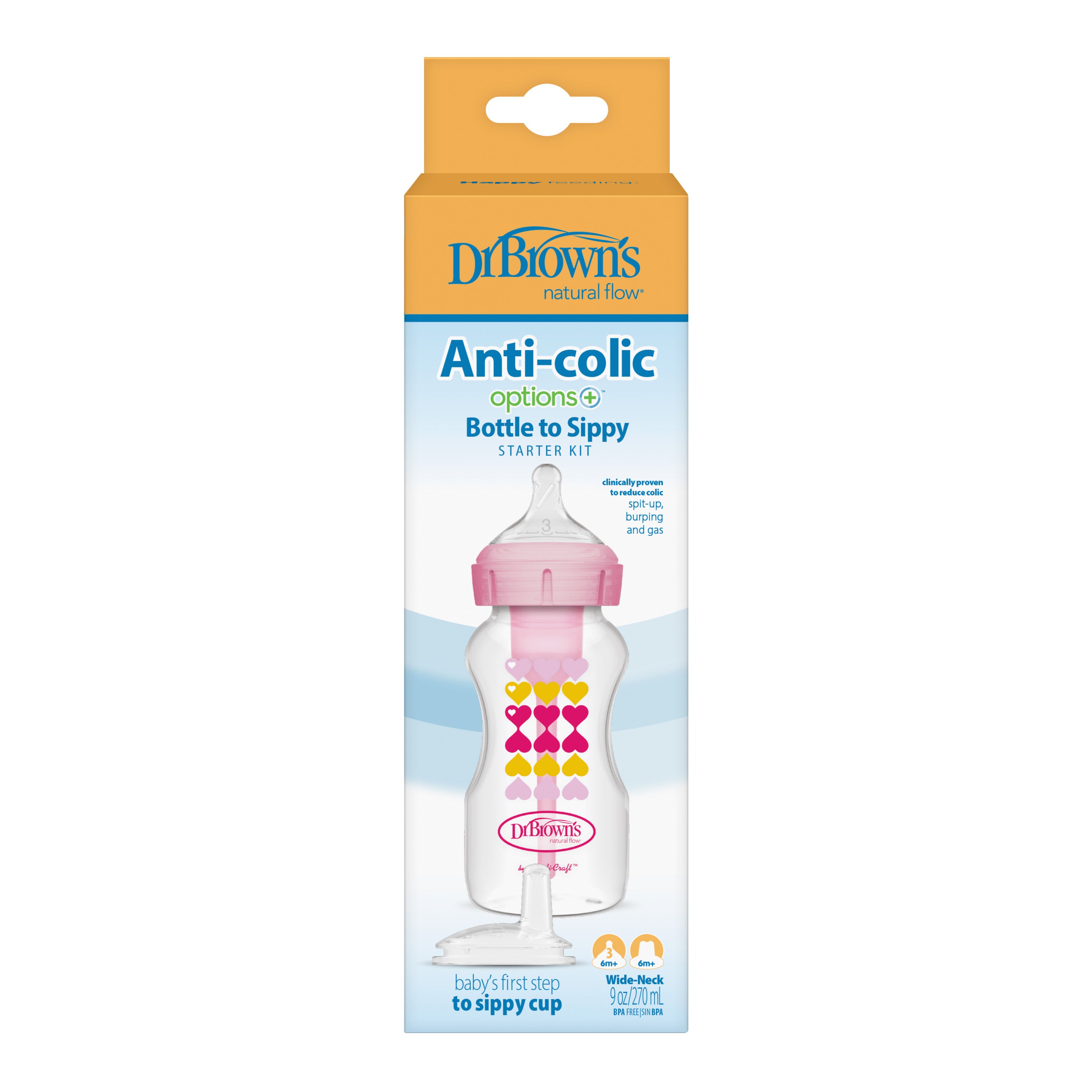 DR BROWN’S 270mL ANTI-COLIC BOTTLE TO SIPPY BOTTLE STARTER KIT WIDE-NECK PINK 6m+