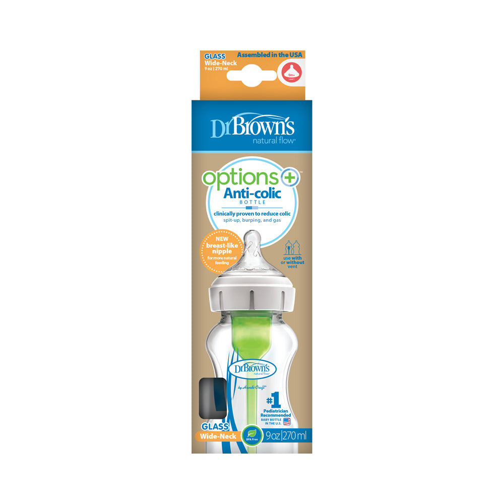 Dr Brown's Options+ Anti Colic Wide Neck GLASS Bottle with Level 1 Teat, 270ml