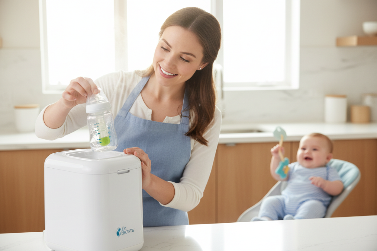 a mum sterilizing her baby's bottle before feed using Dr Brown's equpments