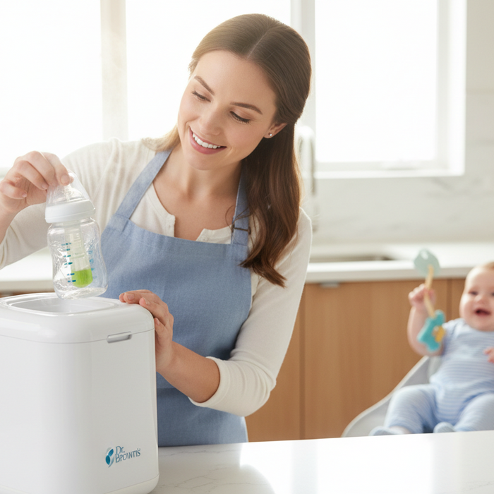 a mum sterilizing her baby's bottle before feed using Dr Brown's equpments