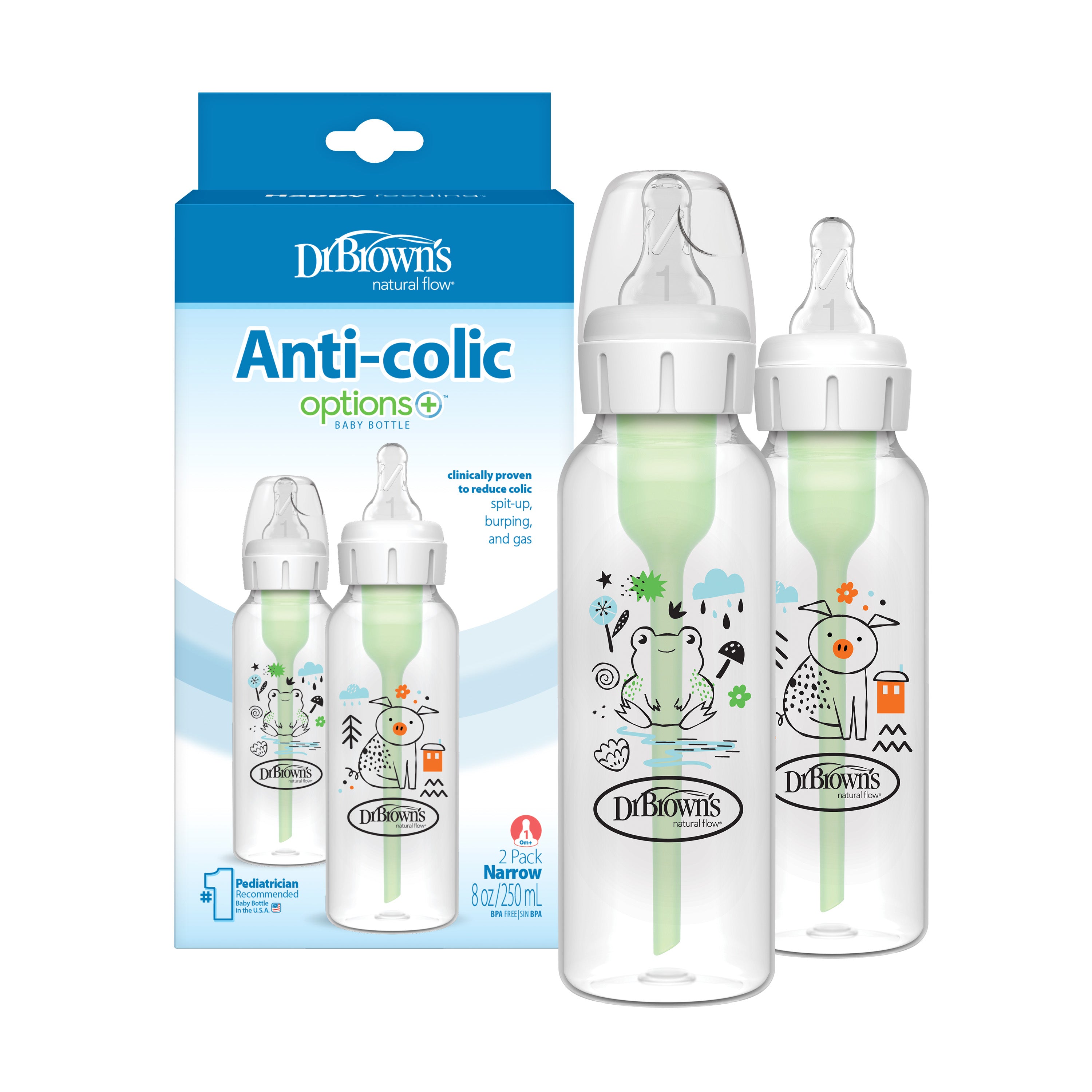 Dr Brown's 250ml Narrow Anti-colic Options+ Baby Bottle, Pig/Frog, 2-Pack