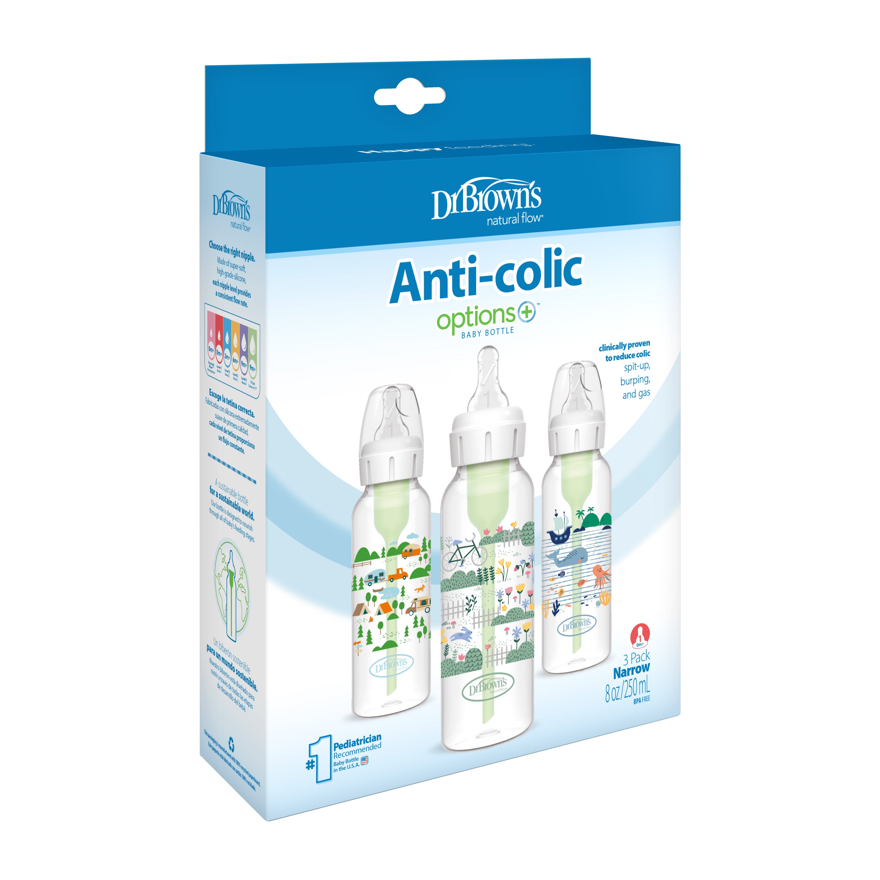 250ml Narrow Anti-Colic Options+ Baby Bottle, Landscape Designs, 3-Pack