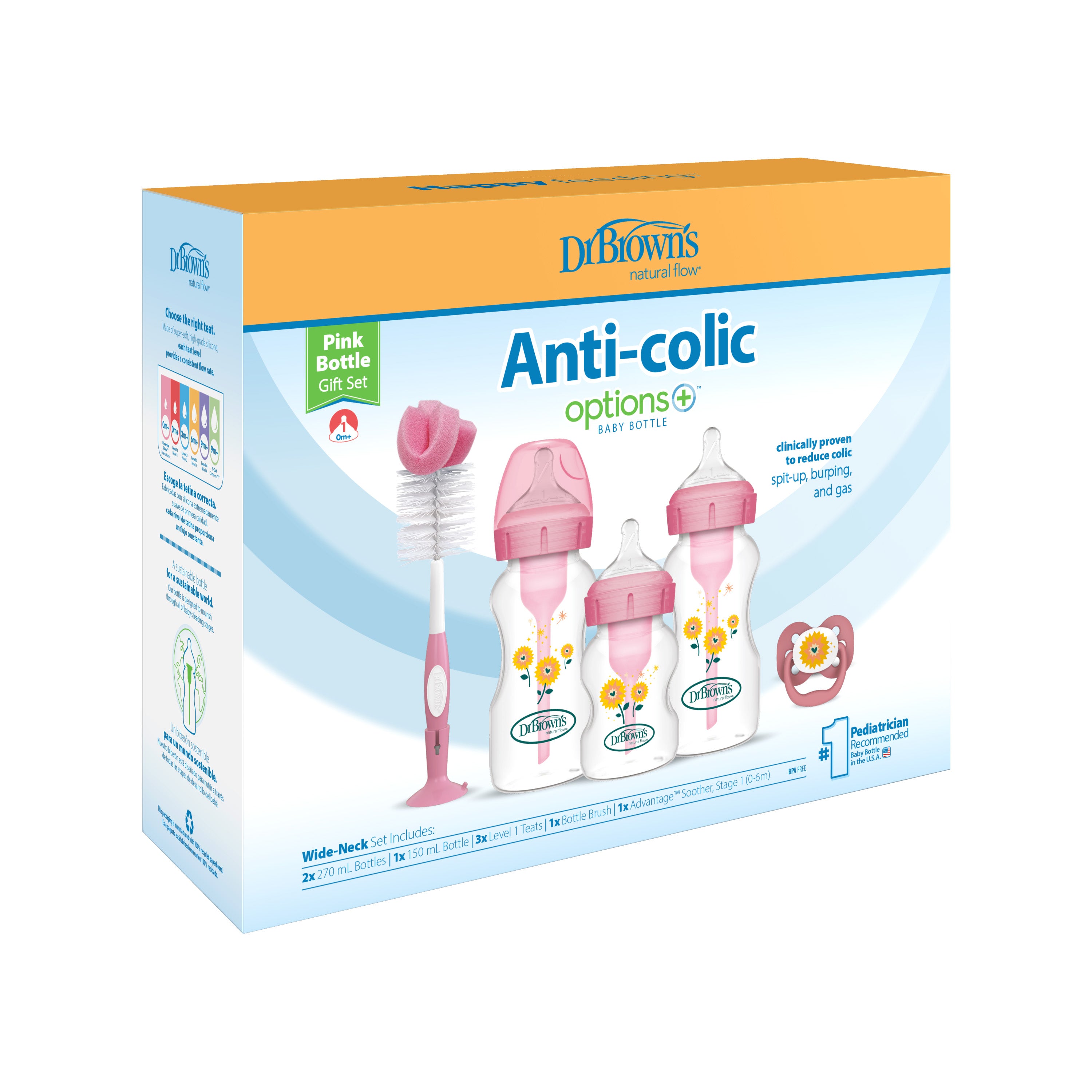 Dr Brown's Wide Neck Options + Baby bottle Pink Floral Starburst Gift Set