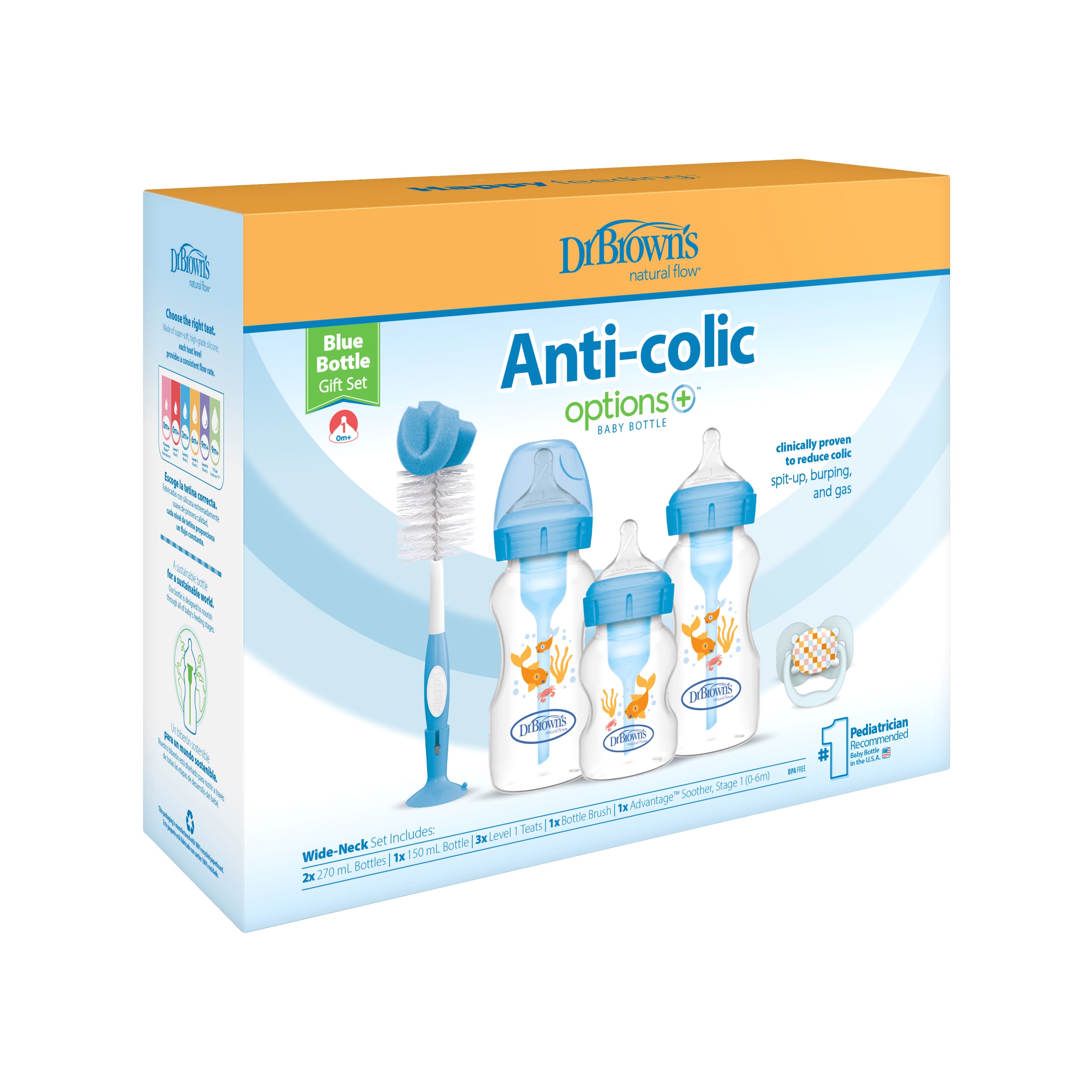 Dr Brown's Wide Neck Options + Baby bottle Blue Goldfish Gift Set