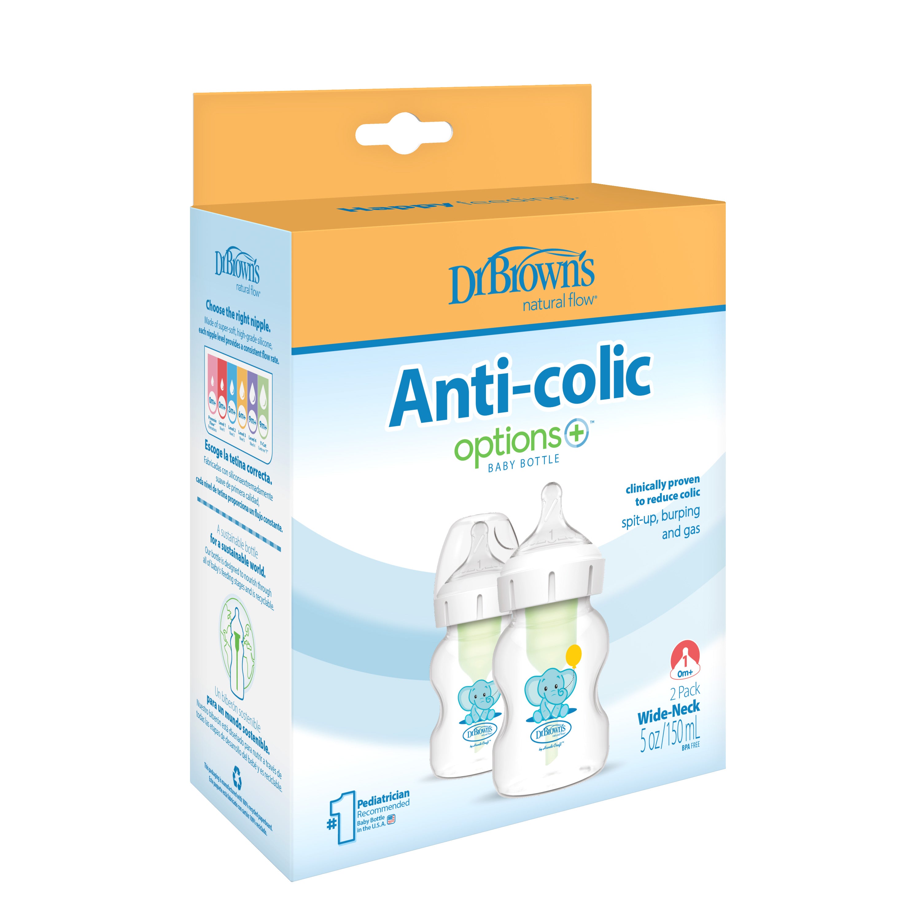 Dr Brown's 150ml Wide Neck Options+ Baby Bottle, Elephant, 2-Pack