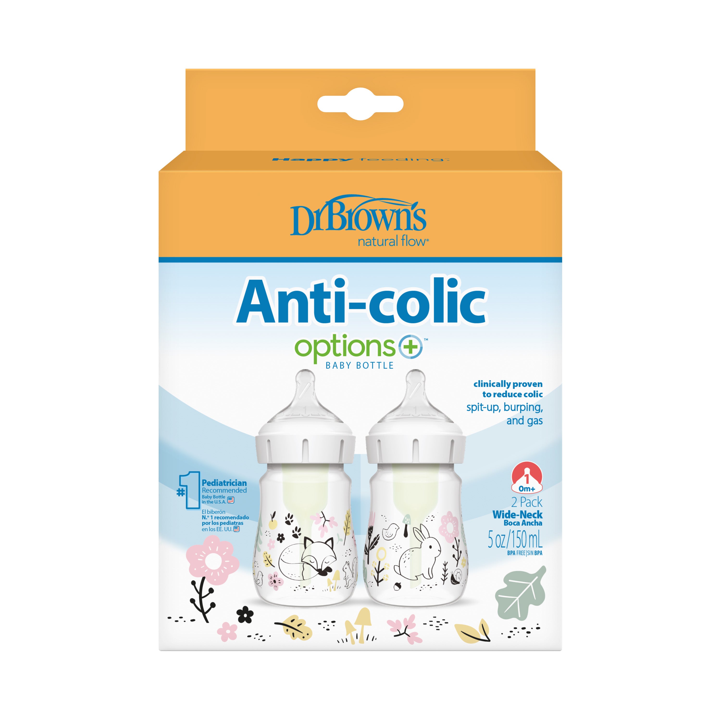 Dr Brown's 150mL Wide-Neck Anti-colic Options+ Baby Bottle, Woodland, 2-Pack