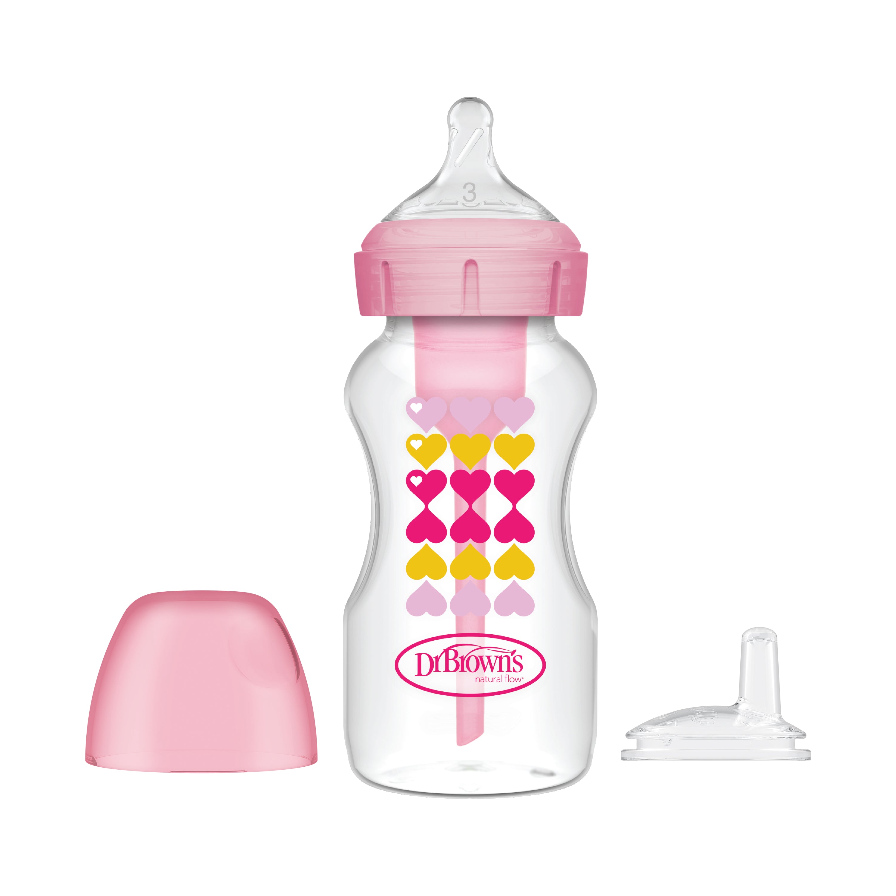 DR BROWN’S 270mL ANTI-COLIC BOTTLE TO SIPPY BOTTLE STARTER KIT WIDE-NECK PINK 6m+