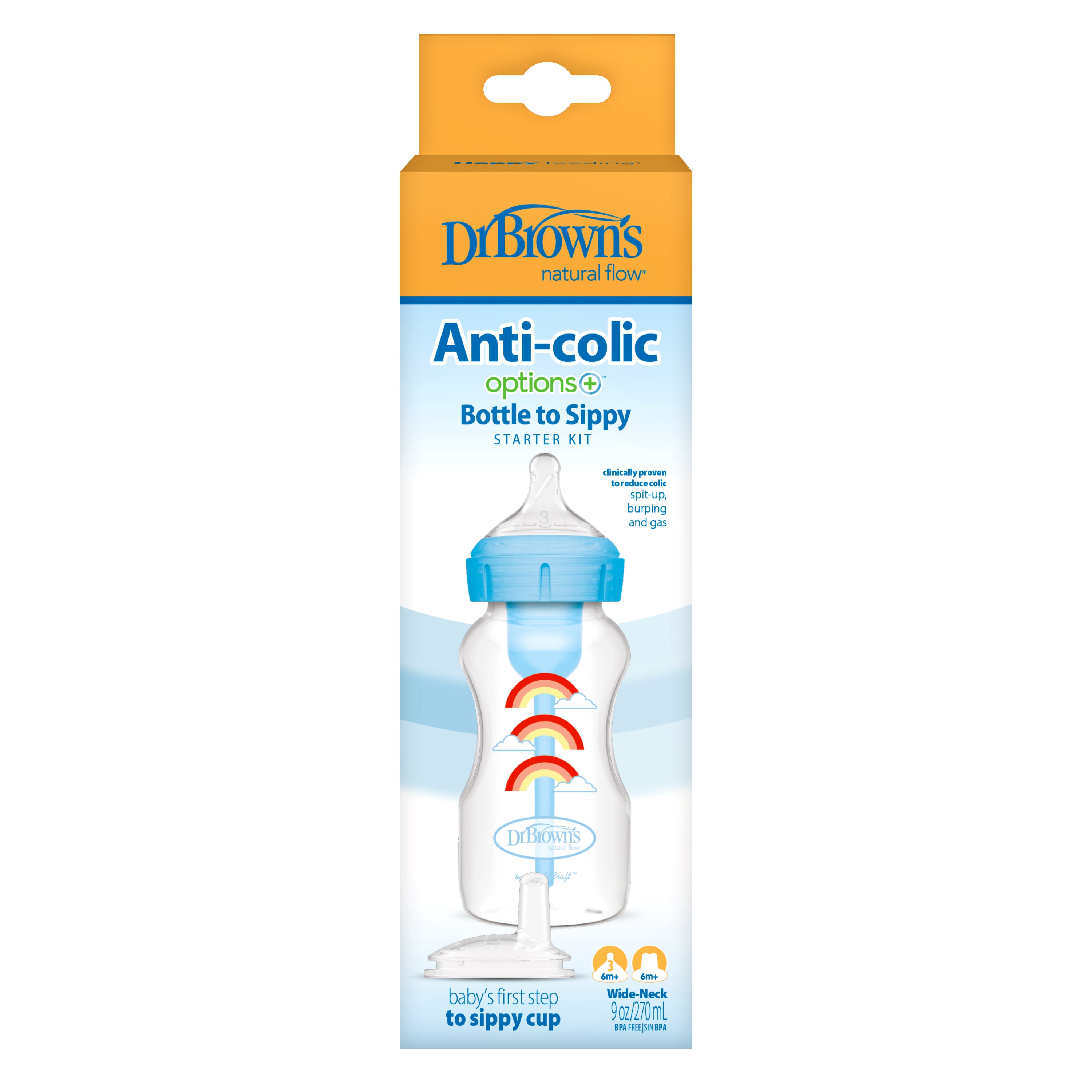 DR BROWN’S 270mL ANTI-COLIC BOTTLE TO SIPPY BOTTLE STARTER KIT WIDE-NECK BLUE 6m+