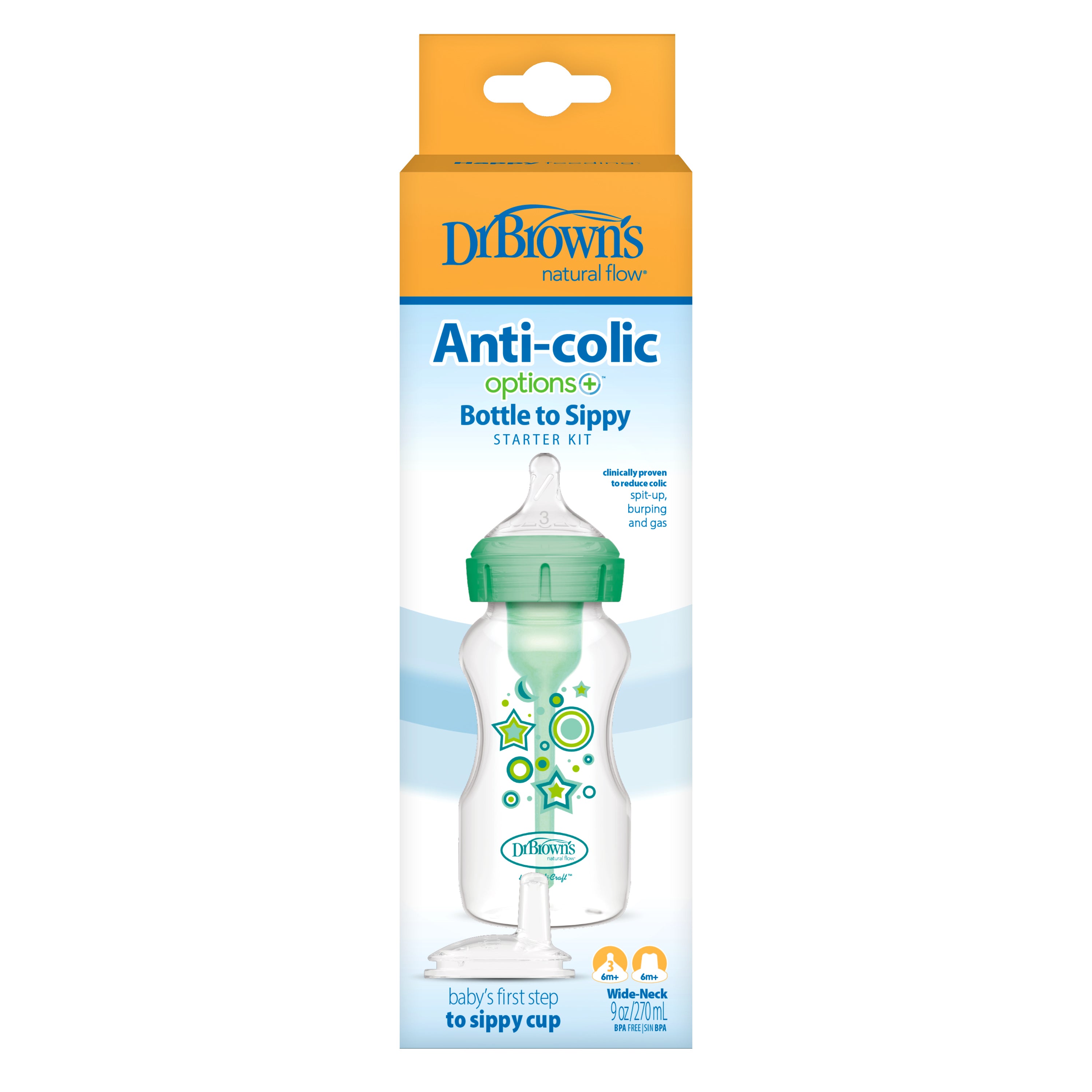 DR BROWN’S 270mL ANTI-COLIC BOTTLE TO SIPPY BOTTLE STARTER KIT WIDE-NECK GREEN 6m+