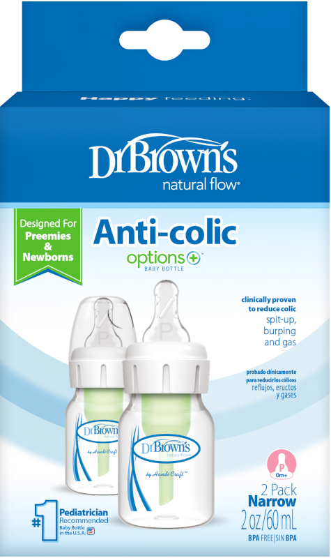 Dr Brown's Options+ Anti Colic Narrow Neck Bottle with Preemie Teat, 60ml 2 pack