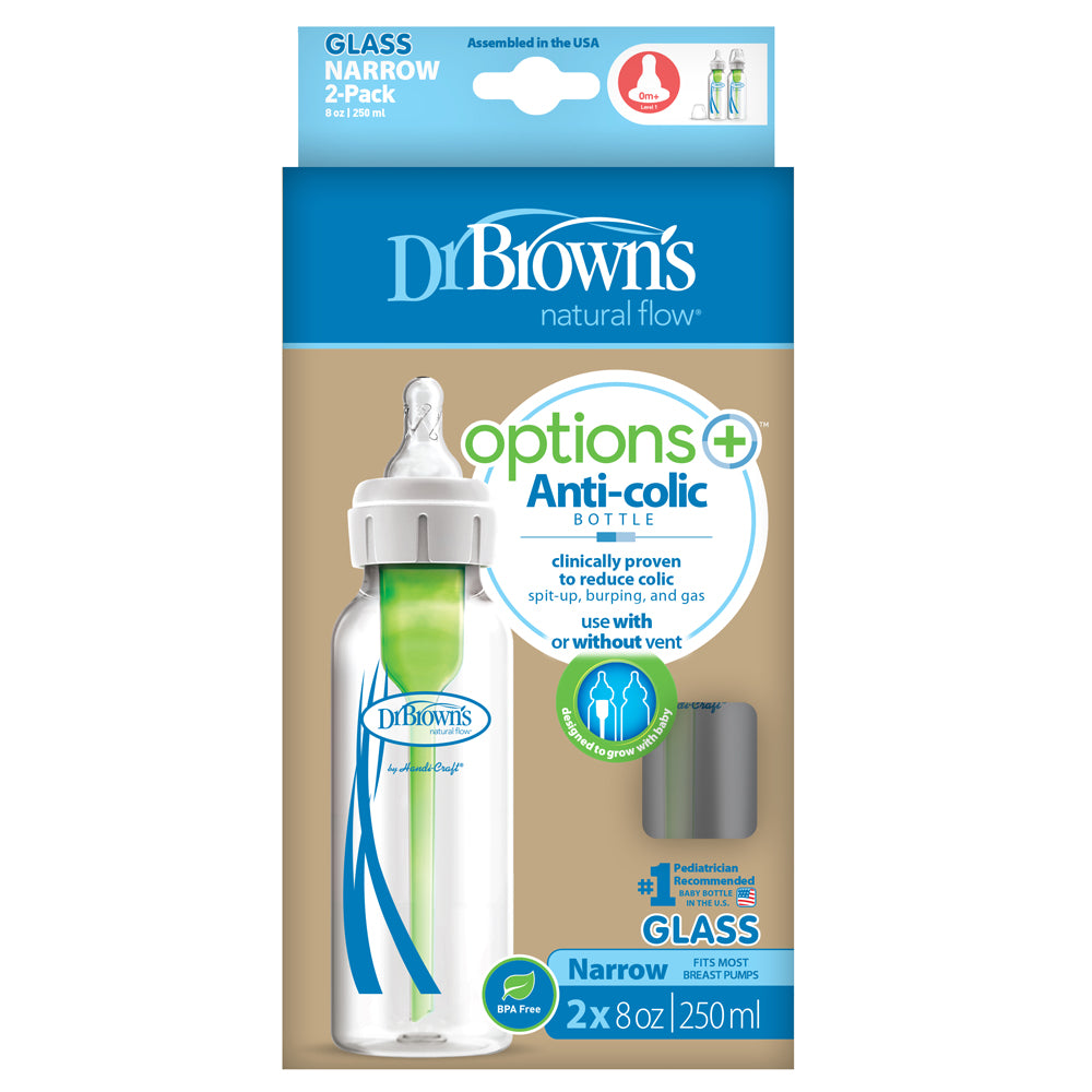 Dr Brown's Options+ Anti Colic Narrow Neck GLASS Bottle with Level 1 Teat, 250ml