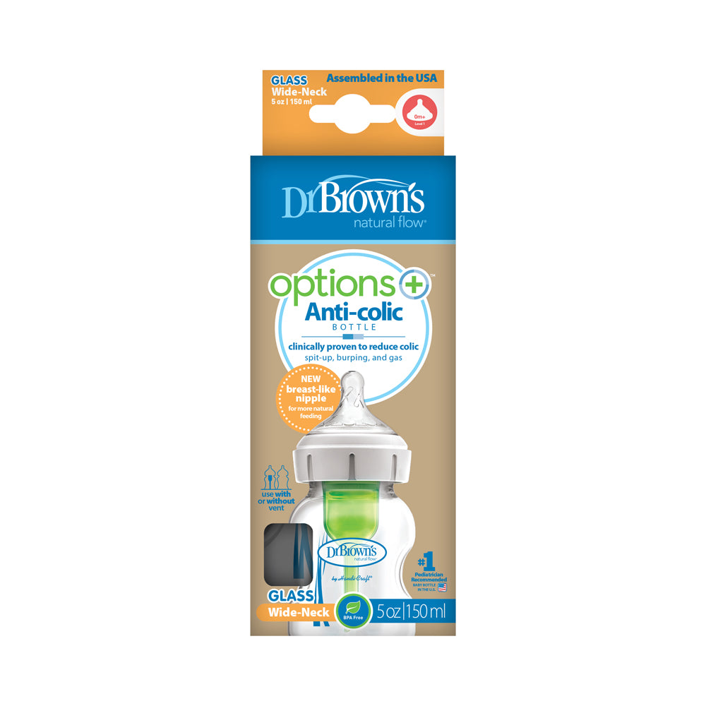 Dr Brown's Options+ Anti Colic Wide Neck GLASS Bottle with Level 1 Teat, 150ml