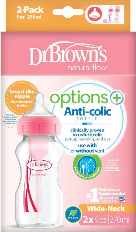 Dr Brown's Options+ Anti Colic Wide Neck Bottle with Level 1 Teat, 2 Pack Pink, 270ml