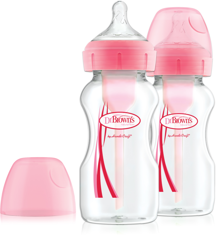 Dr Brown's Options+ Anti Colic Wide Neck Bottle with Level 1 Teat, 2 Pack Pink, 270ml
