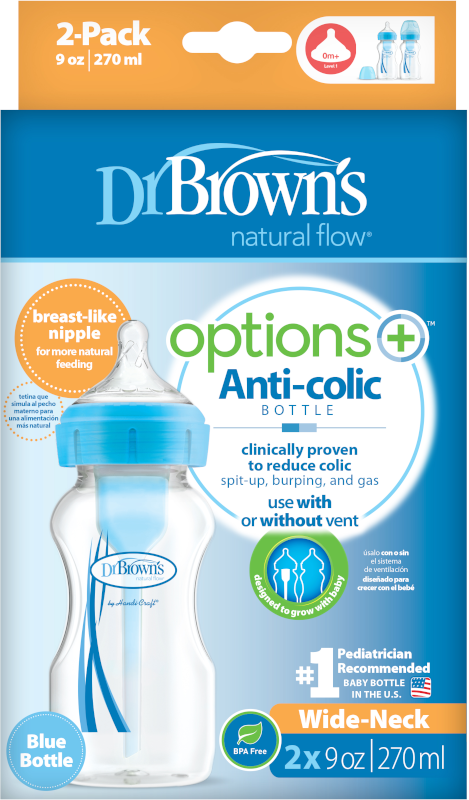 Dr Brown's Options+ Anti Colic Wide Neck Bottle with Level 1 Teat, 2 Pack Blue, 270ml